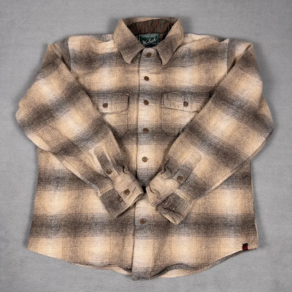 Woolrich Mens Large Ombre Plaid Flannel Shirt Tan Brown Button Down Heavyweight